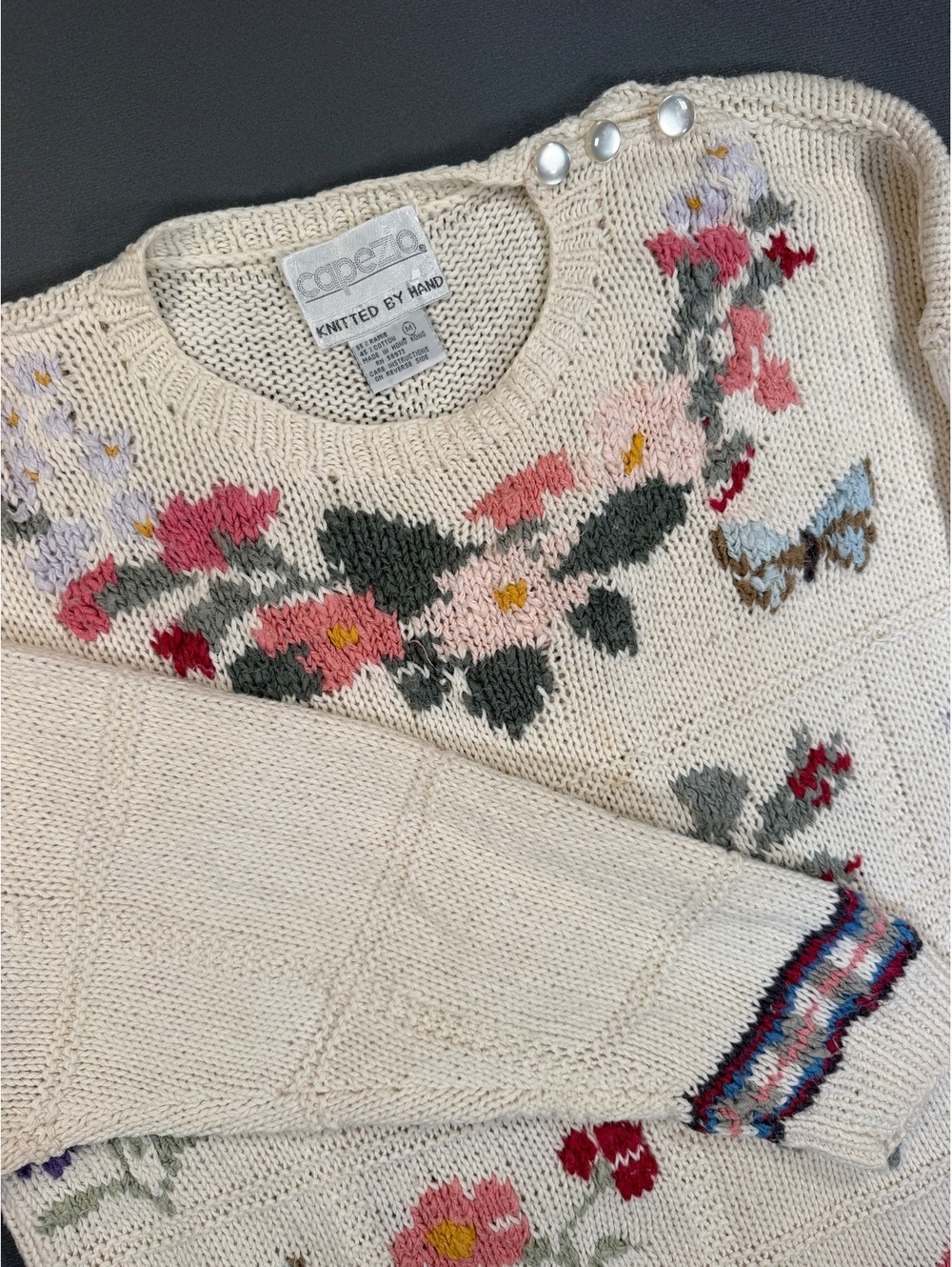 Vintage Capezio Hand Knit Sweater Womens M Floral Butterfly Ramie Cotton 80s
